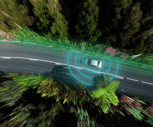 Self-driving car on forest road with advanced autonomous navigation technology, AI-powered vehicle, high-tech driver assistance system, green ecosystem, digital mapping and sensor data, eco-friendly transportation, smart mobility solution, New Compass.