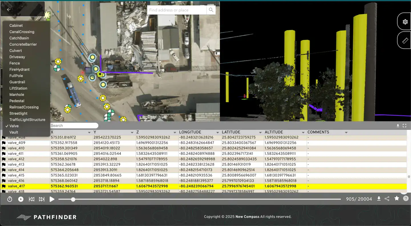 Valve inspection data for infrastructure management, showing precise GPS locations, elevations, and structural details for secure asset documentation and planning.