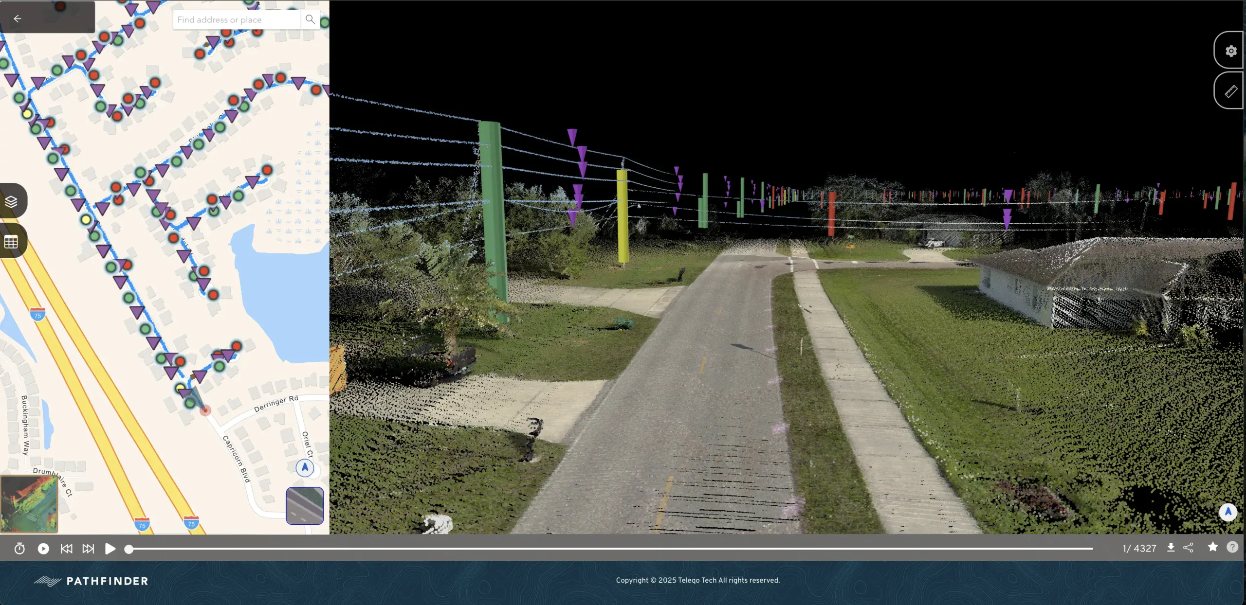 Map view showing a 3D street scan with colourful point cloud data, including power lines and houses; high-tech satellite imagery used for urban planning and geographic analysis.