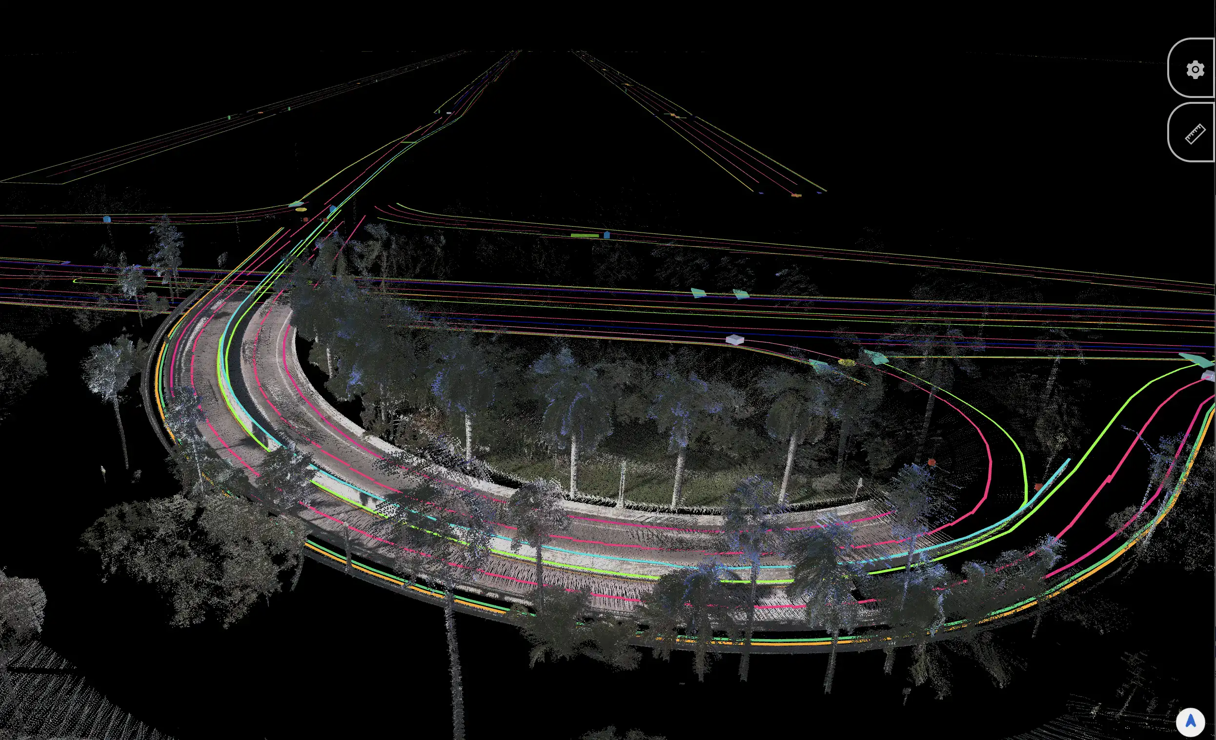 Detailed 3D map of a curved roadway with track lines, traffic flow, and trees, showcasing innovative transportation planning and urban design solutions by New Compass for efficient traffic management.