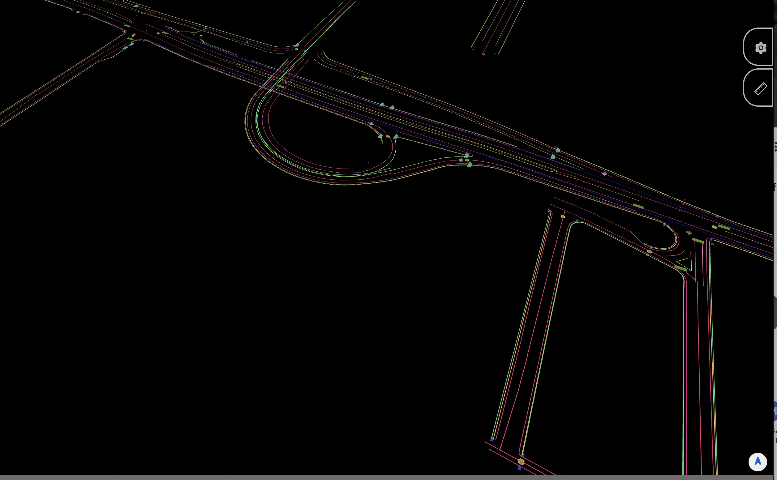 Road design technical drawing with detailed lane markings and turning lanes, showcasing engineering and construction planning for infrastructure development.