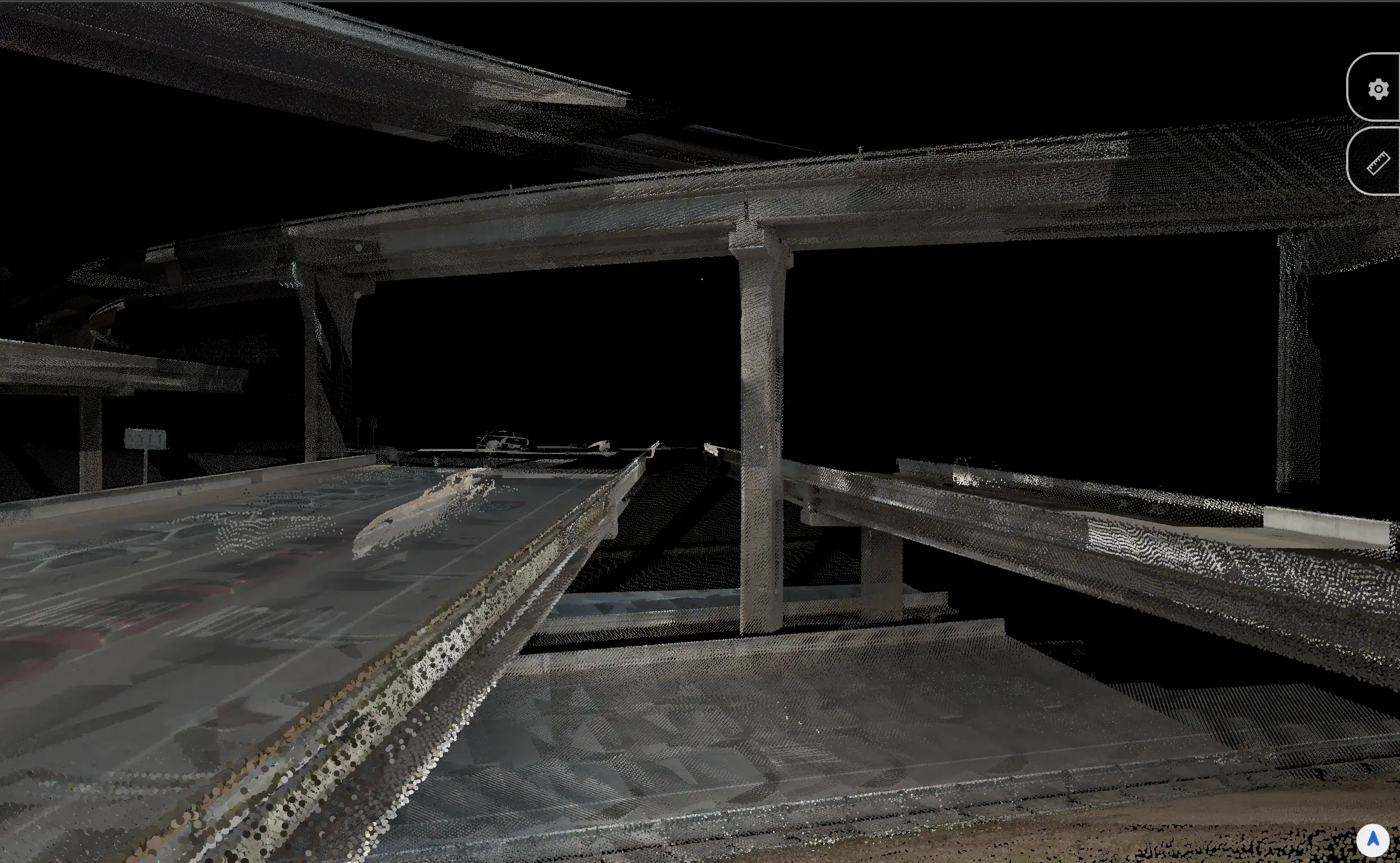 High-tech 3D laser scan of the underside of a modern bridge structure at night, showcasing intricate details of steel beams and support elements for infrastructure analysis and engineering projects.