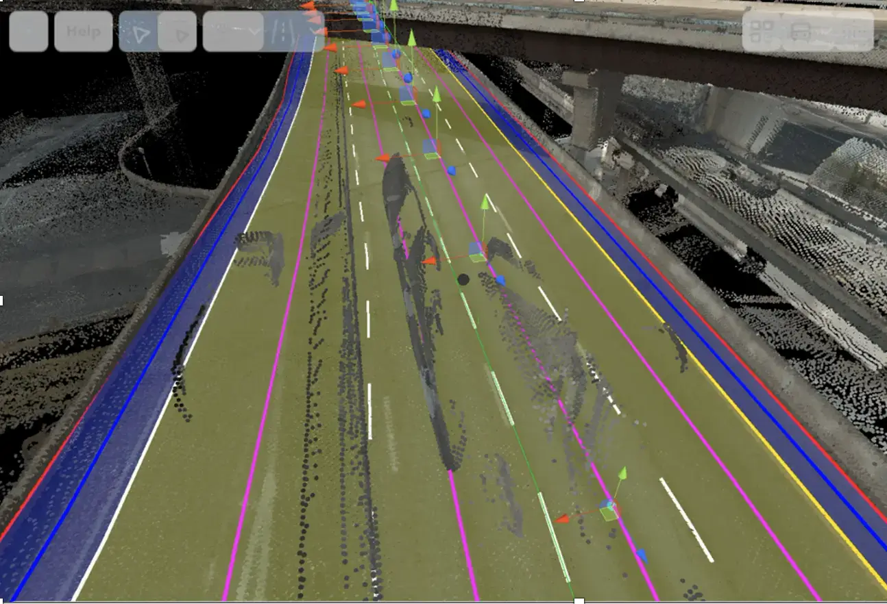 3. Detailed 3D digital model of a roadway with lane markings and structural elements for infrastructure planning and design.
